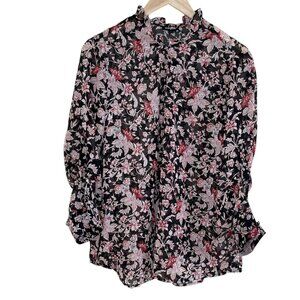 Express Outlet Womens Sheer Floral Chiffon Ruffle Neck Long Sleeve Blouse XL